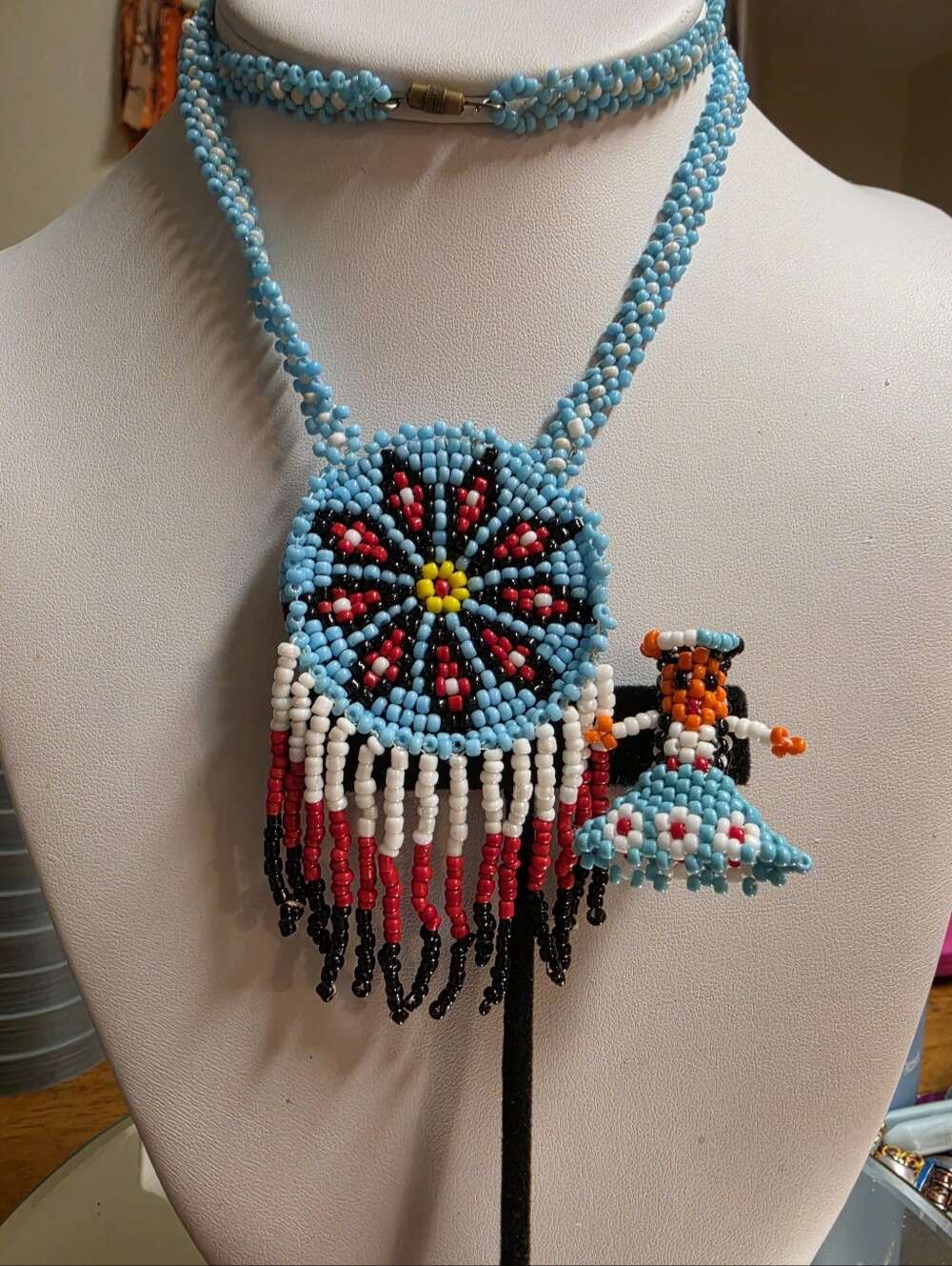 Vintage Native American style Seed Bead Dream Catcher Necklace and Dancer Pin